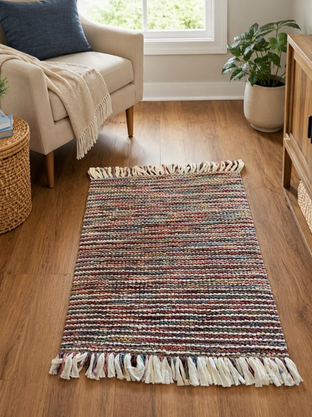 World Market✨Boho Eclectic Multicolor Stripe Cotton Accent Rug w/Fringe